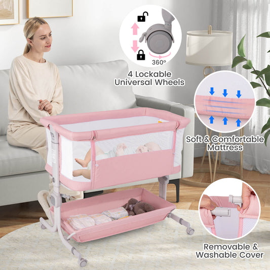 Infans Baby Bassinet Bedside Crib w/6-Level Adjustable Height 3??-8?? Incline AnglePink