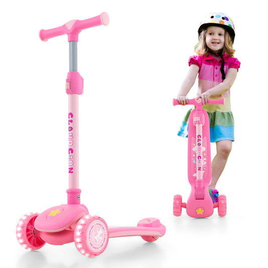 Infans 3-Wheel Kids Scooter Toddler Folding Balancing Kick Scooter w/Light-up LED WheelPink