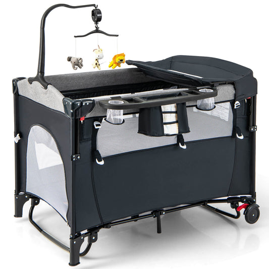 Infans Baby Nursery Center, 5-in-1 Convertible Baby Crib with Changing Table, Storage Pocket, Hanging Toys & Carrying Bag