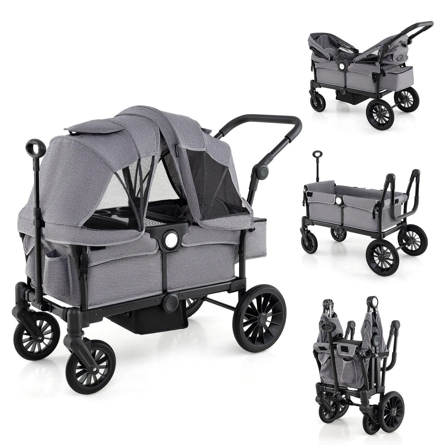 Infans Wagon Stroller for 2 Kids Push Pull Double Stroller with Adjustable HandleGrey