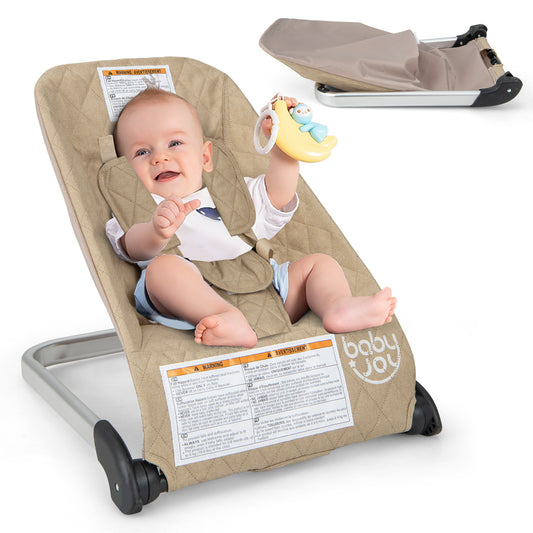 Infans Folding Infant Bouncer Portable Baby Rocker w/ Breathable Backrest AluminumBeige