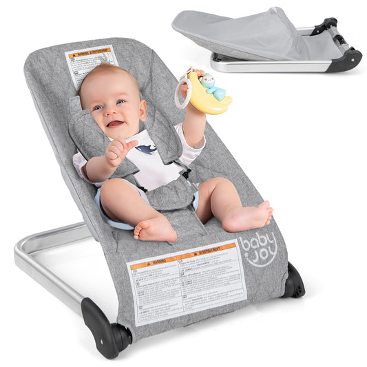 Infans Folding Infant Bouncer Portable Baby Rocker w/ Breathable Backrest AluminumLight Gray