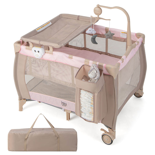 Infans Portable Baby Playard Nursery Center Crib Bassinet w/ Hanging Toys & Music BoxPink