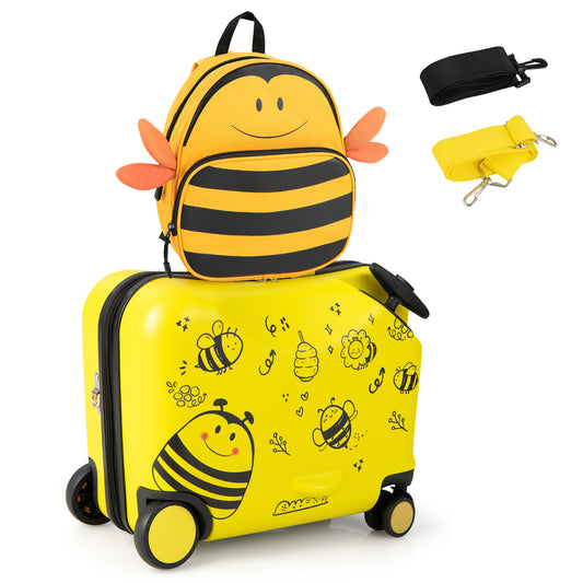 Infans 2PC Kids Ride-on Luggage Set 18 inch Carry-on Suitcase & 12 inch Backpack Anti-Loss RopeYellow