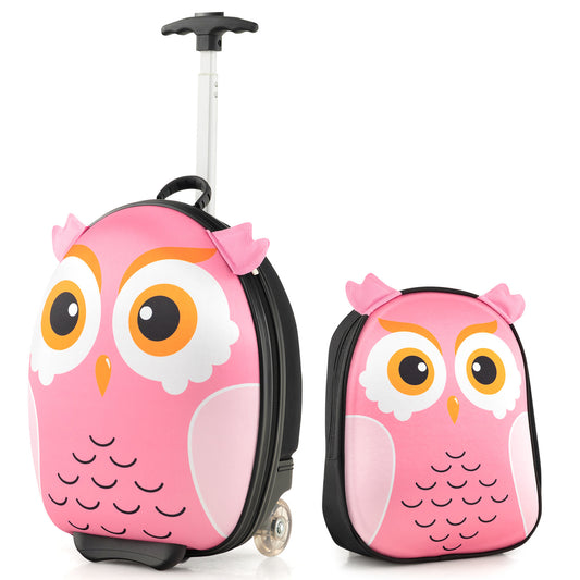 Infans 2PCS Kids Carry On Luggage Set 16inch Owl Rolling Suitcase w/ 12inch Backpack Travel