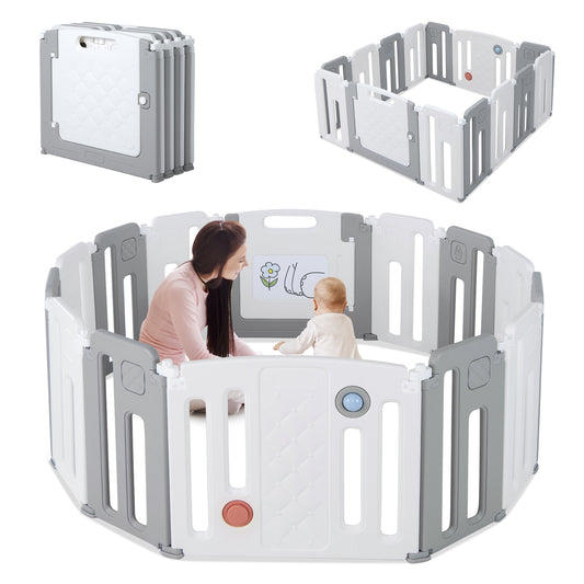 Infans 14 Panels Baby Safety Playpen Kids Safety Activity Play Center w/ Drawing BoardGrey