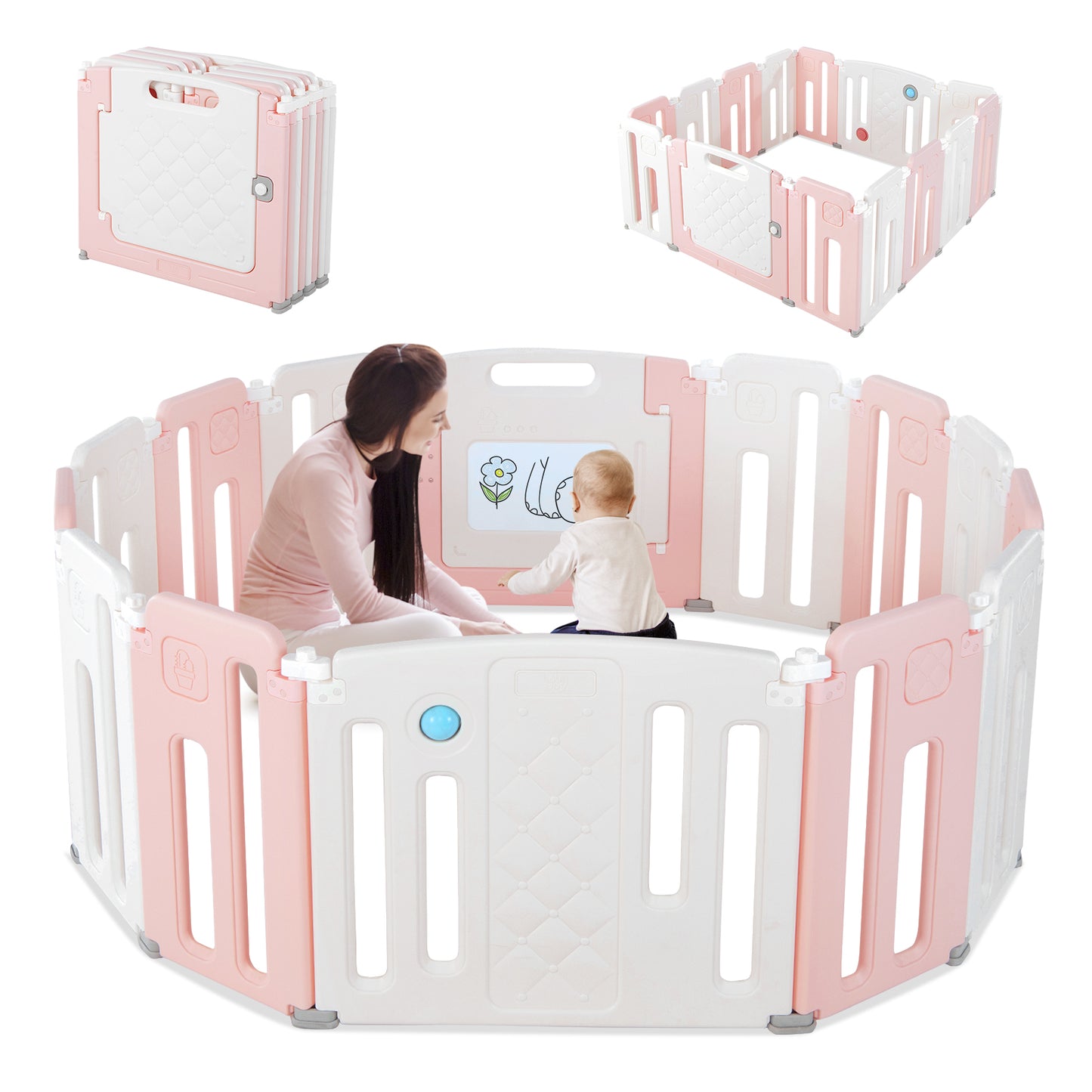 Infans 14 Panels Baby Safety Playpen Kids Safety Activity Play Center w/ Drawing BoardPink