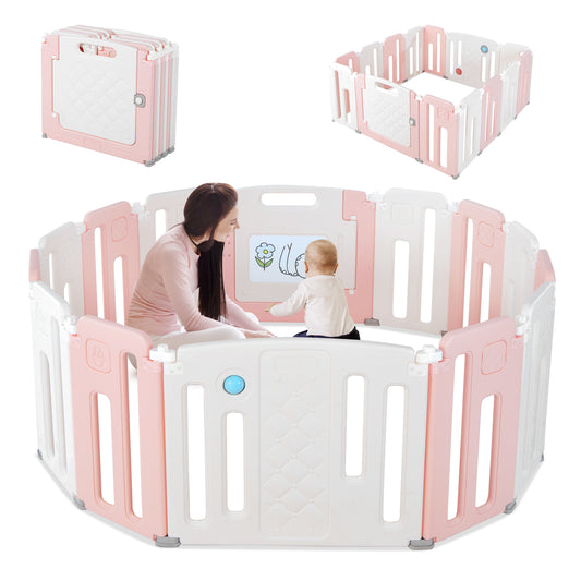 Infans 14 Panels Baby Safety Playpen Kids Safety Activity Play Center w/ Drawing BoardPink