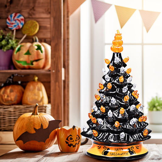 Infans 15 inch Pre-Lit Ceramic Hand-Painted Tabletop Halloween Tree Battery Powered Black