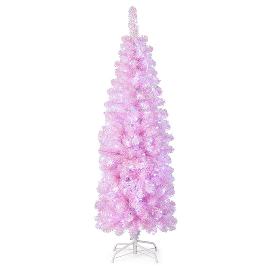 Infans 5 FT Pre-lit Christmas Tree Hinged Pencil Xmas Decoration w/ 190 LED Lights Pink
