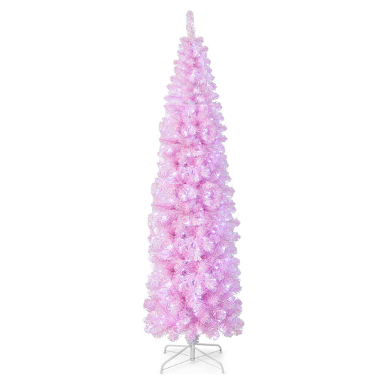 Infans 7 FT Pre-lit Christmas Tree Hinged Pencil Xmas Decoration w/ 350 LED Lights Pink