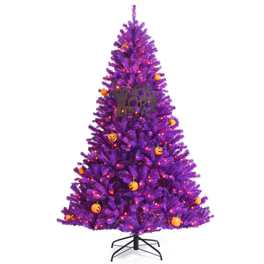 Infans 6ft Pre-lit Purple Halloween Christmas Tree w/ Orange Lights Pumpkin Decorations