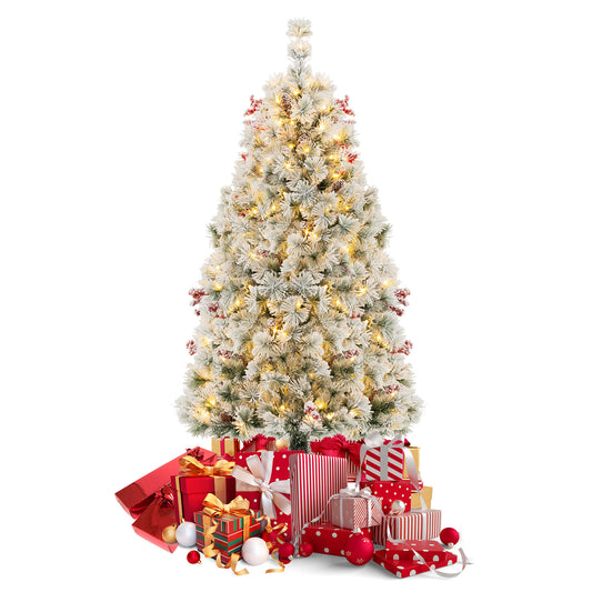 Infans 4.5 FT Pre-Lit Flocked Christmas Tree Hinged Artificial Xmas w/ 200 LED Lights