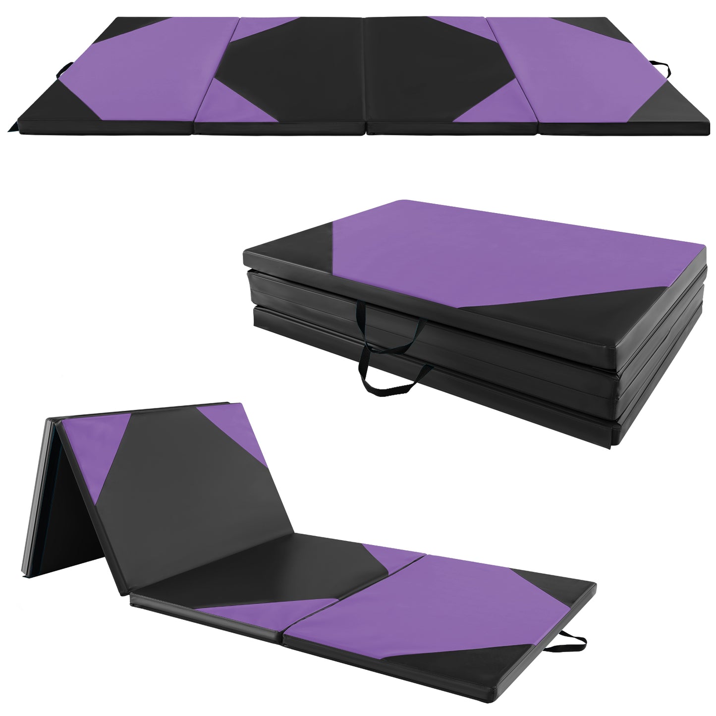 Infans 10ft x 4ft x 2inch 4-Panel Folding Gymnastics Exercise Mat w/ Hook & Loop FastenersPurple + Black