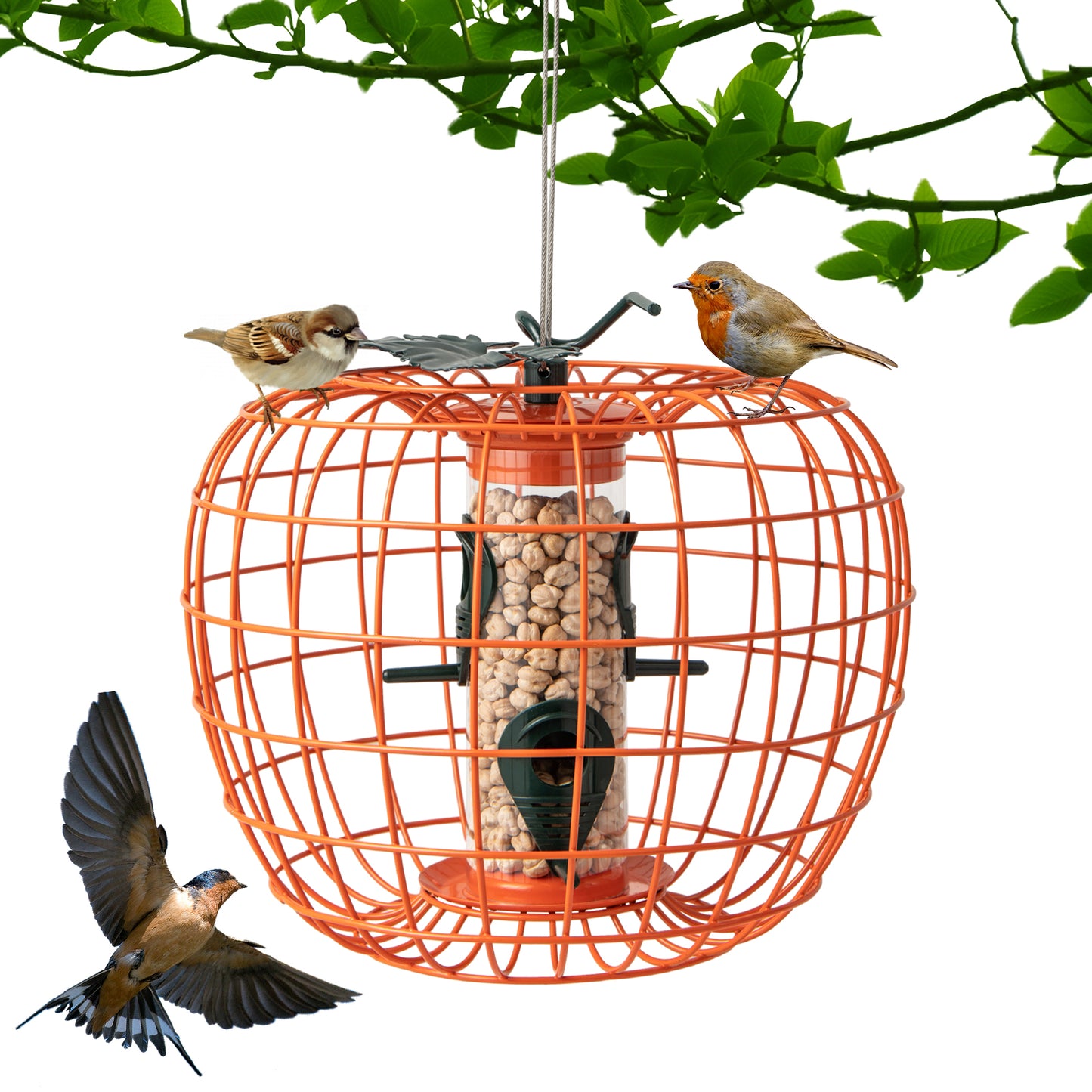 Infans Squirrel-Proof Pumpkin Bird Feeder w/ Cage 4 Metal Ports 4 Perches Drainage Hole