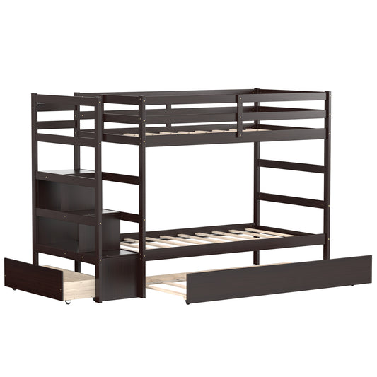 Infans Twin Over Twin Bunk Bed with Trundle Stairway and Storage Shelf Drawer Espresso