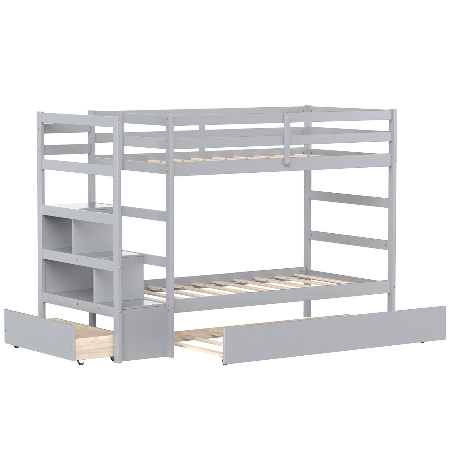 Infans Twin Over Twin Bunk Bed with Trundle Stairway and Storage Shelf Drawer Grey