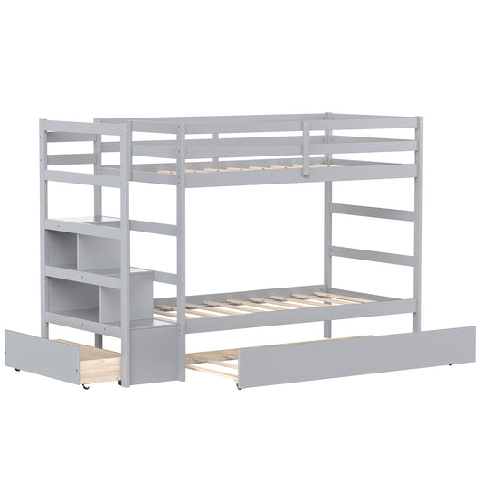 Infans Twin Over Twin Bunk Bed with Trundle Stairway and Storage Shelf Drawer Grey