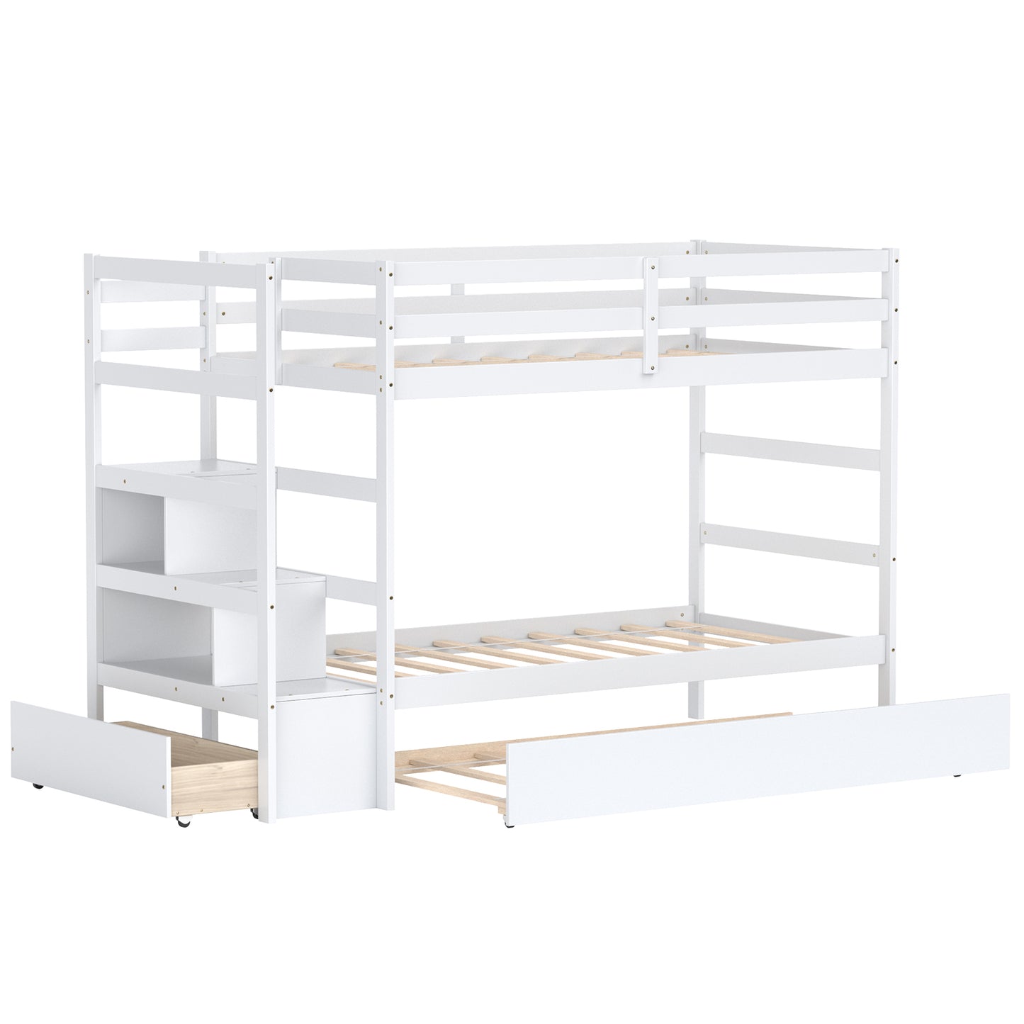 Infans Twin Over Twin Bunk Bed with Trundle Stairway and Storage Shelf Drawer White
