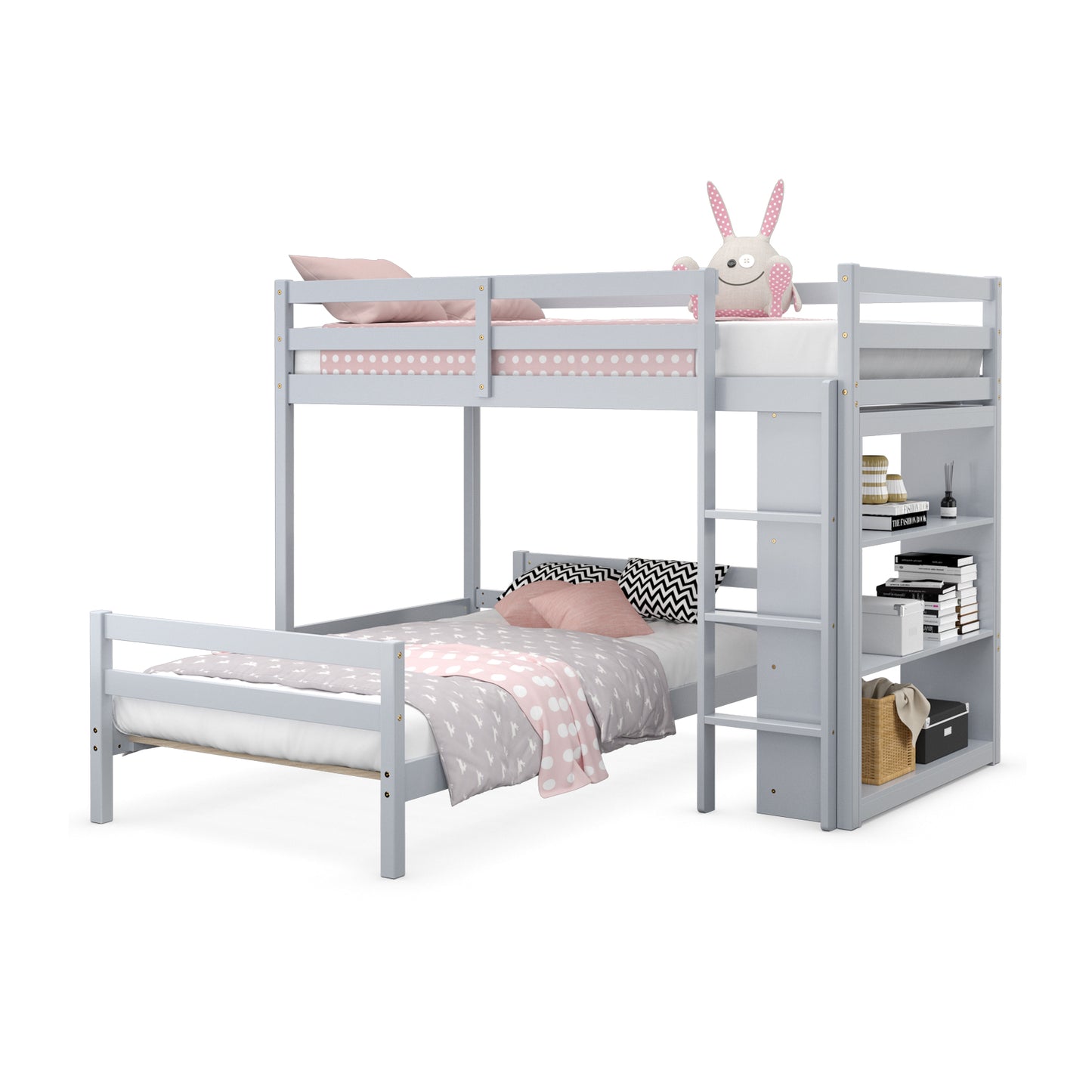 Infans Twin Over Twin Loft Bunk Bed Wood w/Bookcase Guardrail Ladder Kids BedroomGray