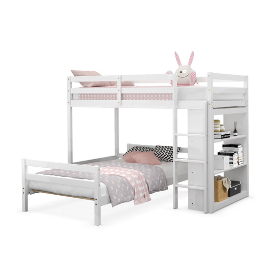 Infans Twin Over Twin Loft Bunk Bed Wood w/Bookcase Guardrail Ladder Kids BedroomWhite