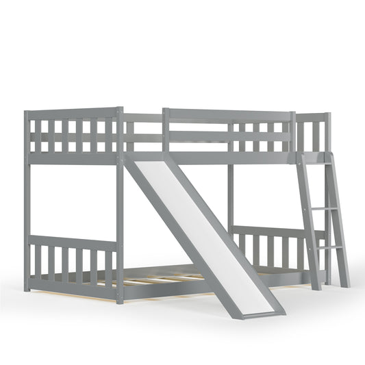 Infans Twin over Twin Bunk Wooden Low Bed with Slide Ladder for Kids Grey