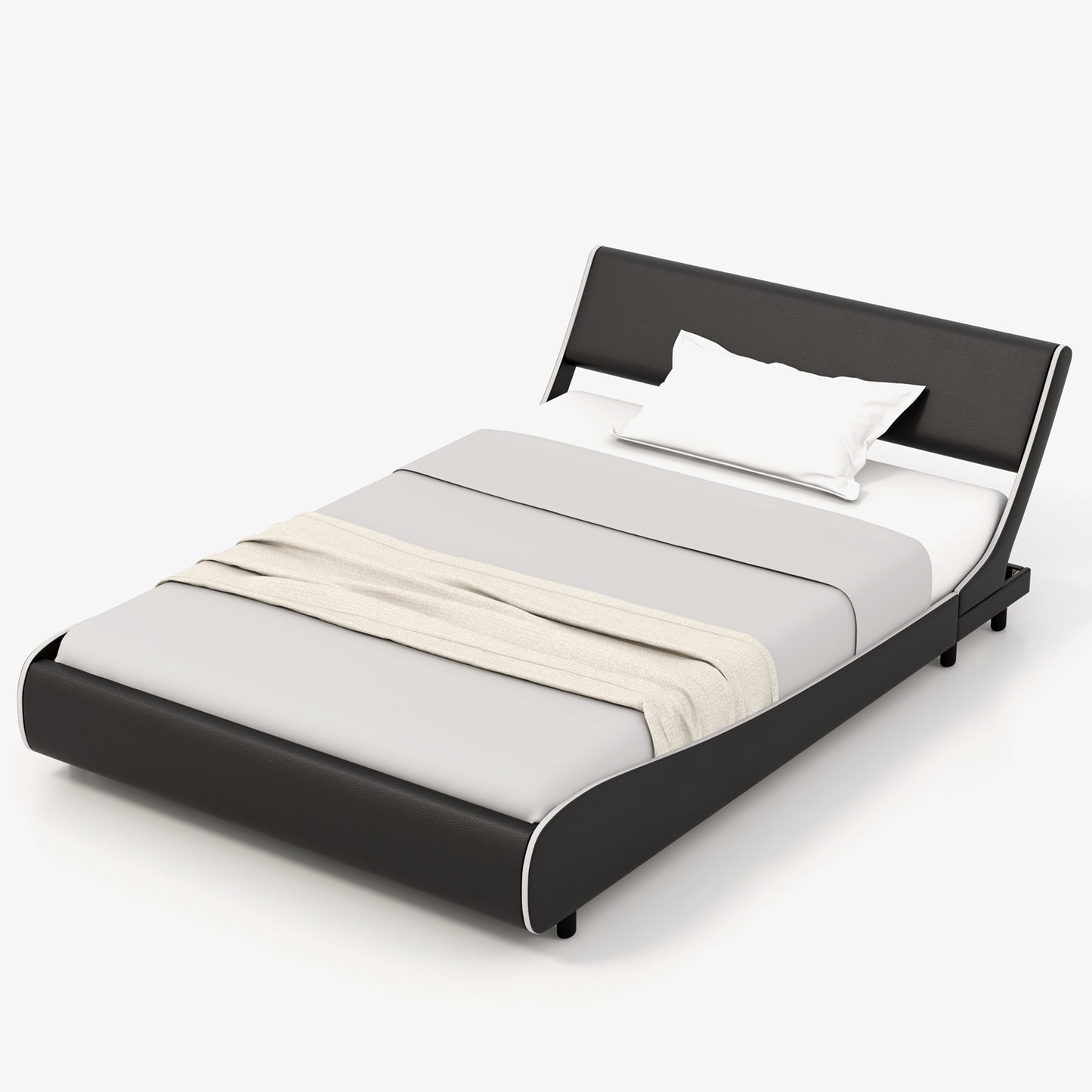 Infans Full Upholstered Platform Bed Frame Low Profile Faux Leather w/ Curved Headboard