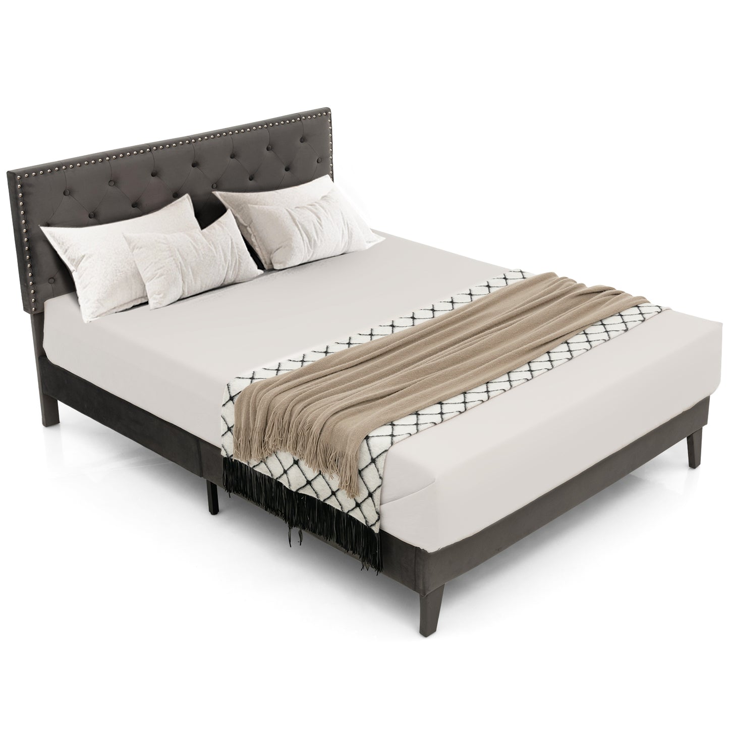 Infans Queen Bed Frame Upholstered Platform Bed w/ Tufted Headboard Mattress Foundation