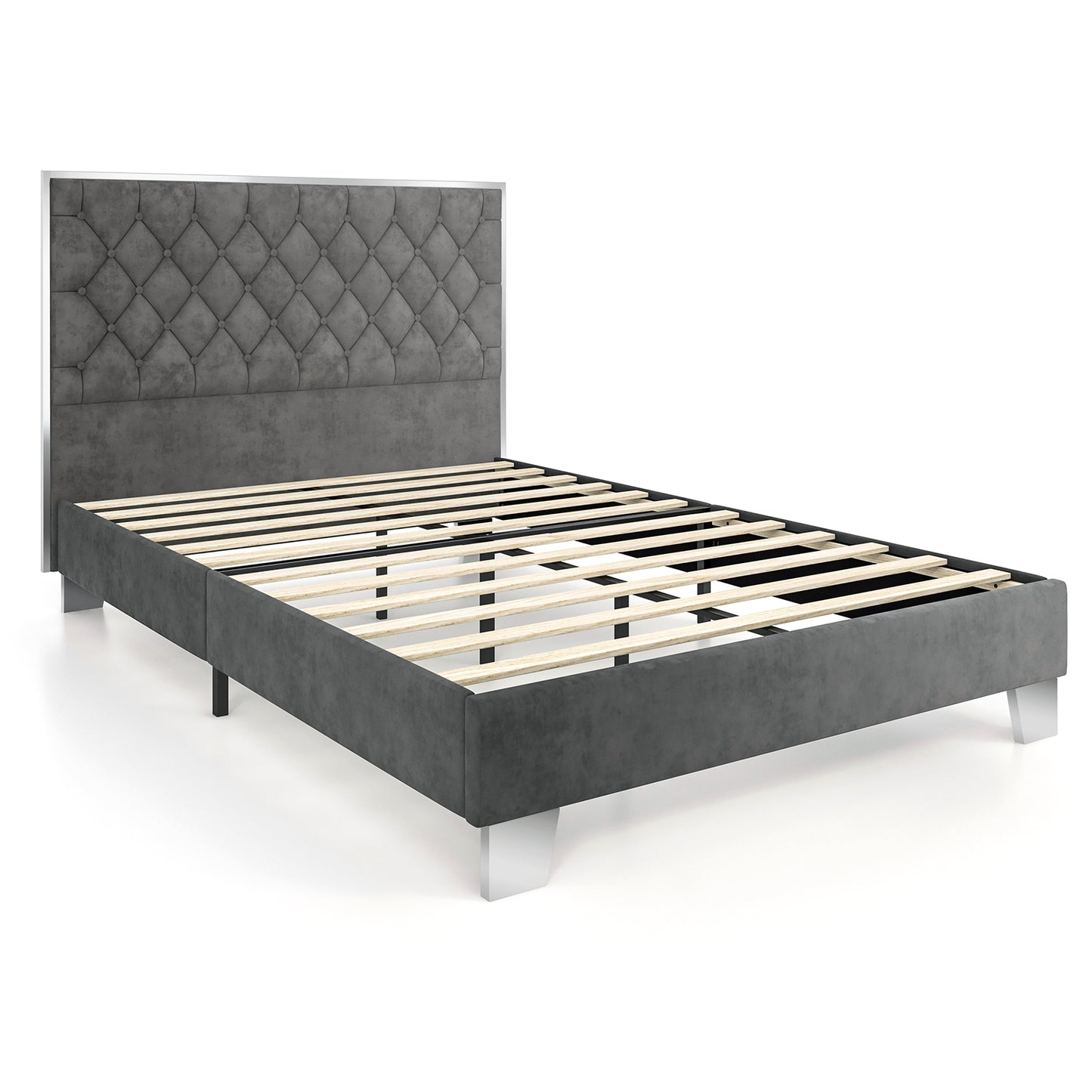 Infans Full Upholstered Bed Frame Mattress Foundation w/ Button Tufted Velvet Headboard