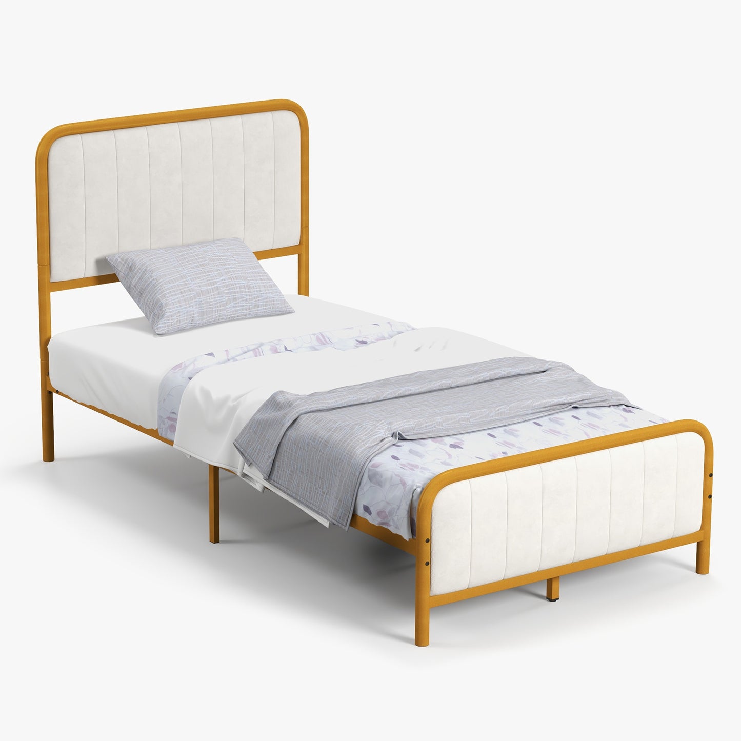 Infans Twin Gold Metal Bed Frame Upholstered Platform Bed with Velvet Headboard