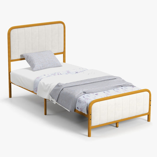 Infans Twin Gold Metal Bed Frame Upholstered Platform Bed with Velvet Headboard