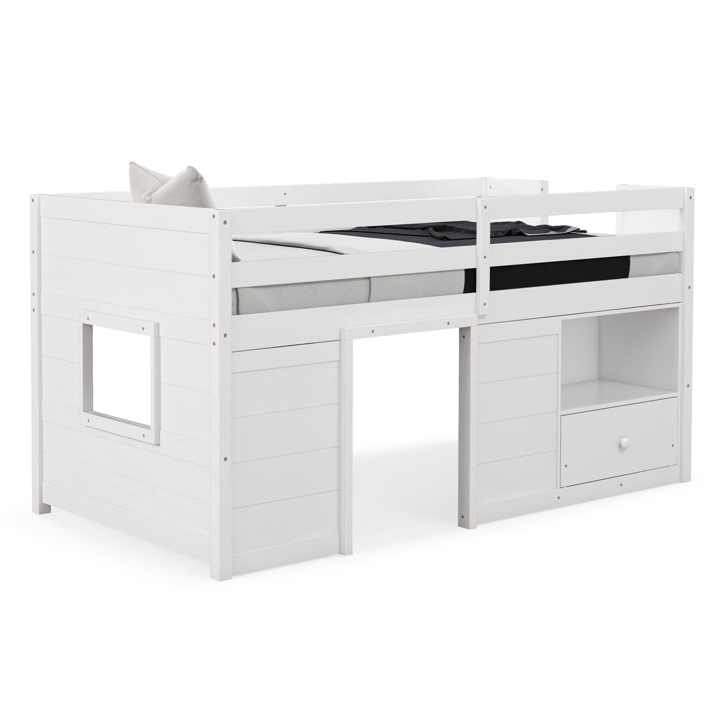 Infans Twin Size Low Loft Bed with Storage Drawer Activity Center Solid Wood Bed Frame