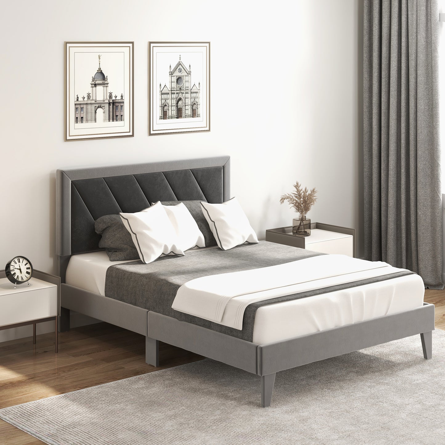 Infans Full Size Bed Frame Upholstered Platform Velvet Headboard Wooden Slats Gray
