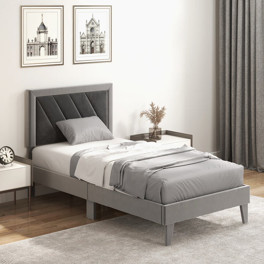 Infans Twin Size Bed Frame Upholstered Platform Velvet Headboard Wooden Slats Gray