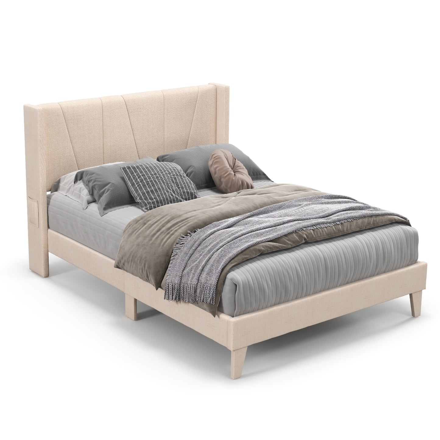 Infans Full Size Upholstered Bed Frame with Elastic Pockets Mattress Foundation Beige
