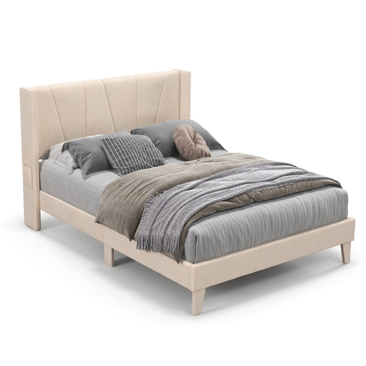 Infans Full Size Upholstered Bed Frame with Elastic Pockets Mattress Foundation Beige
