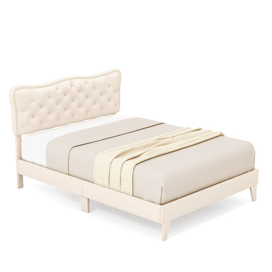 Infans Full Upholstered Platform Bed Frame Button-Tufted Headboard Mattress Foundation