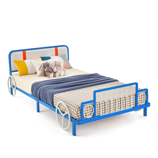 Infans Twin Size Kids Bed Frame Car Shaped Metal Platform Bed w/ Upholstered Headboard