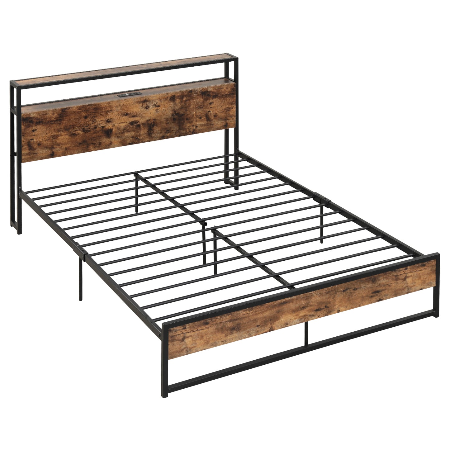 Infans Queen Size Industrial Platform Bed Frame with Charging Station Storage Headboard