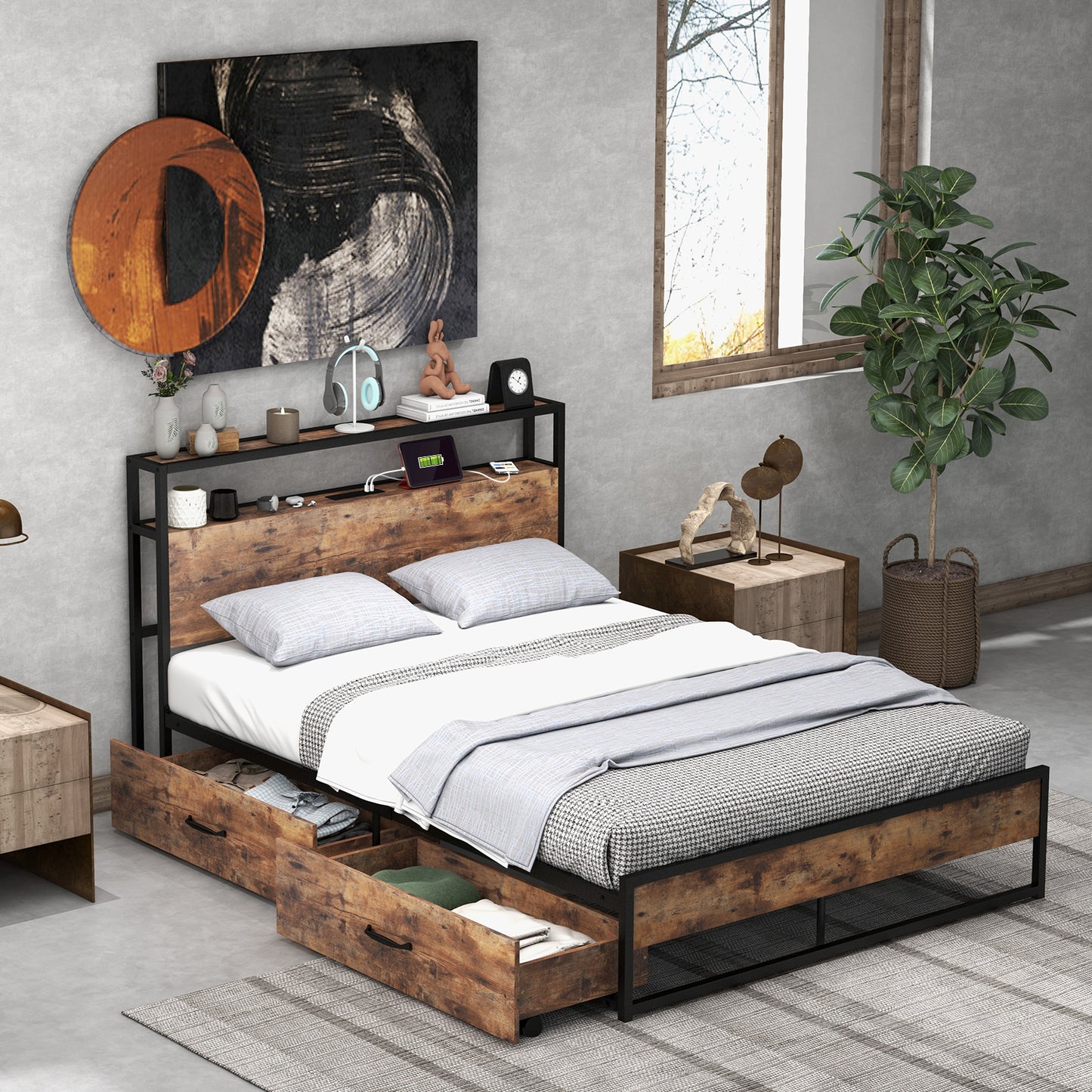 Infans Full Industrial Platform Bed Frame w/ Drawer Storage Headboard Charging Station