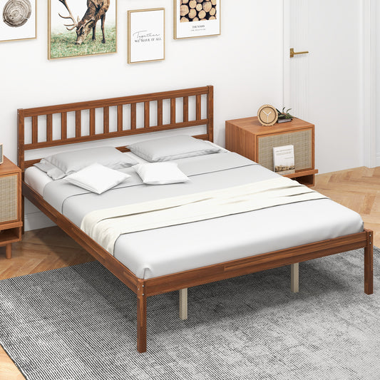 Infans Queen Platform Bed with Headboard Solid Wood Leg Mattress Foundation Walnut