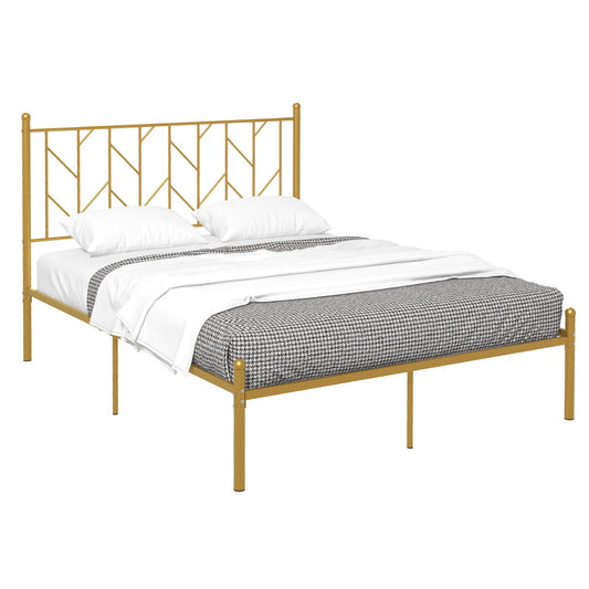 Infans Full Size Metal Platform Bed Frame Vintage Headboard Mattress Foundation Gold