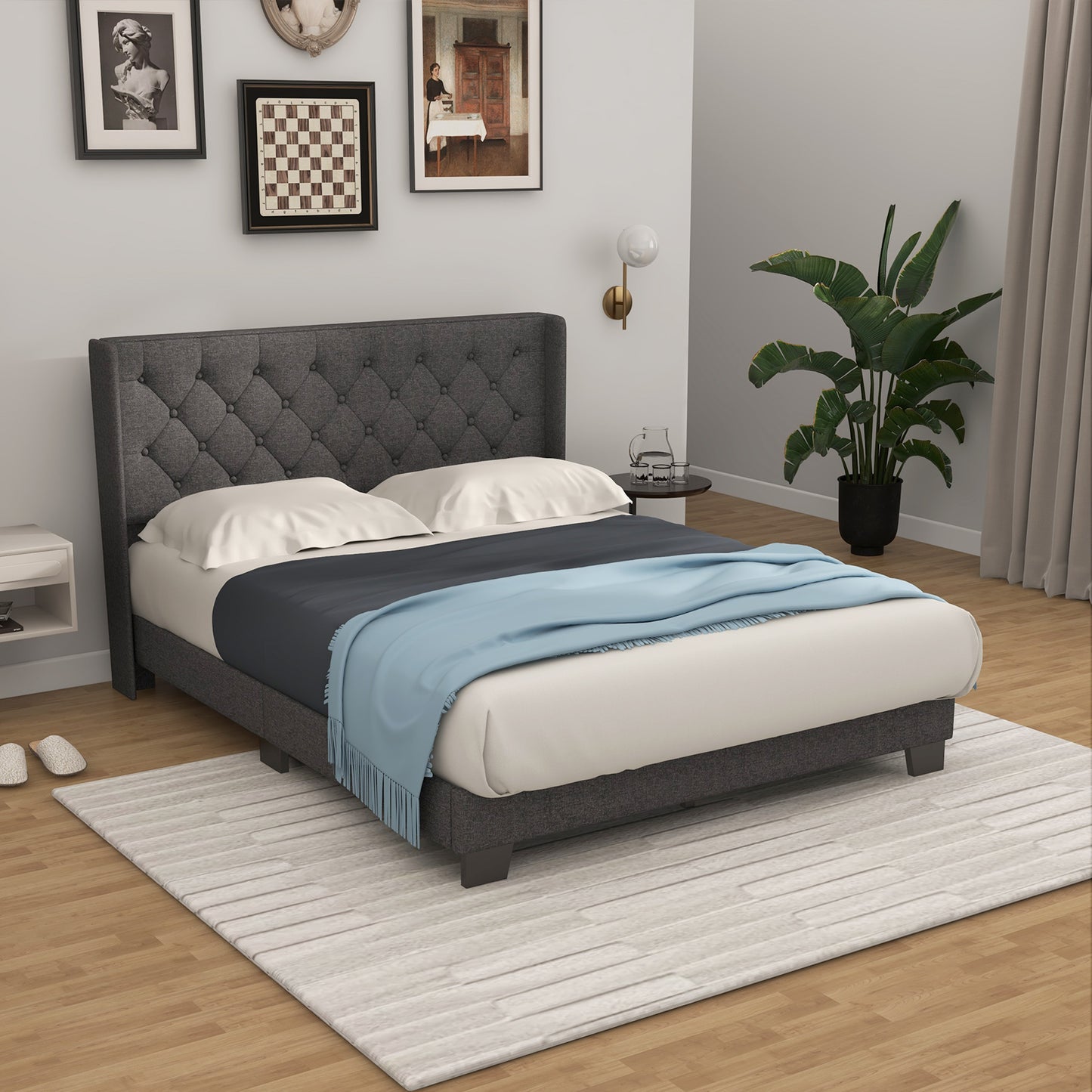 Infans Full Size Upholstered Platform Bed Tufted Headboard Mattress Foundation Grey
