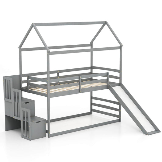 Infans Loft Bed w/ Slide & Storage Staircase Twin Over Twin House-shaped Bunk Bed Gray