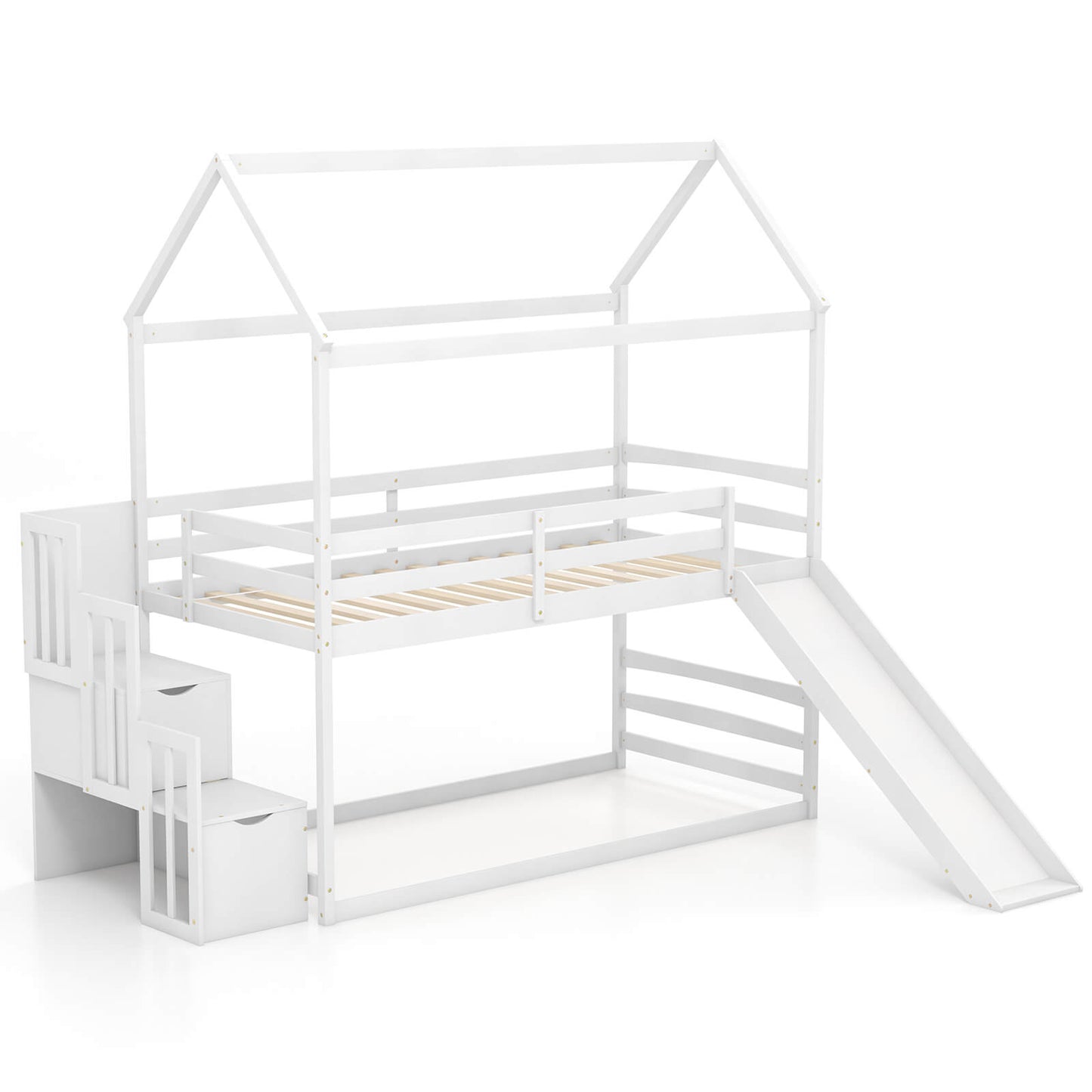 Infans Loft Bed w/ Slide & Storage Staircase Twin Over Twin House-shaped Bunk Bed White