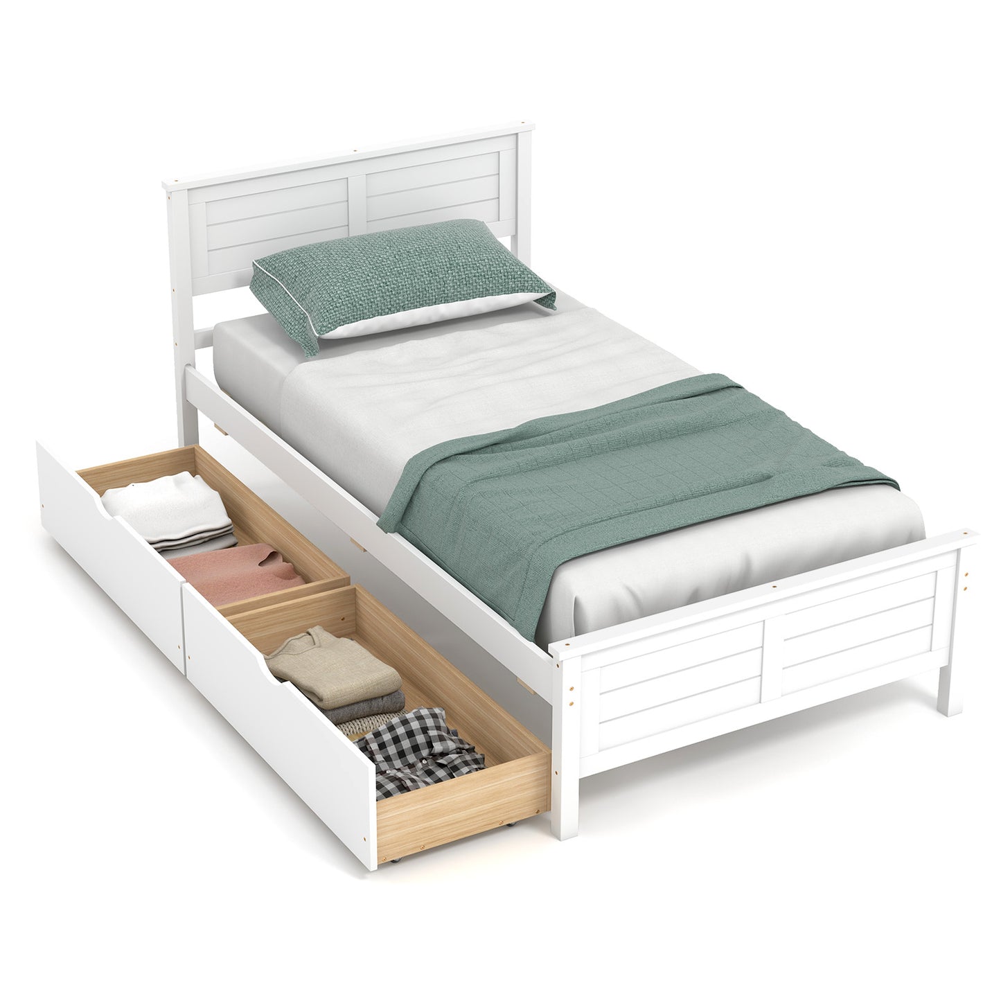 Infans Twin Wooden Platform Bed Frame with Two Storage Drawers Slats Support White