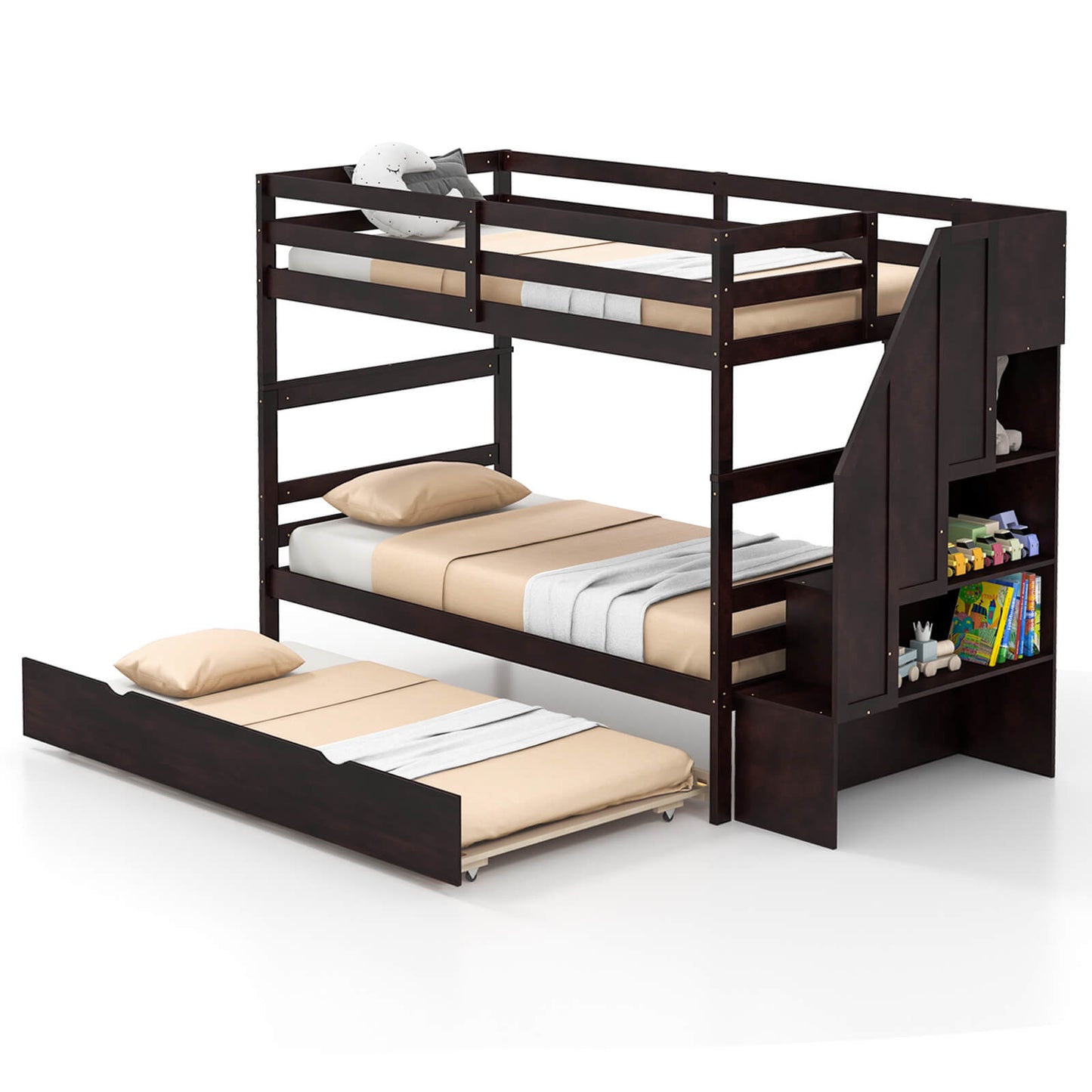 Infans Twin over Twin Wooden Bunk Bed w/ Trundle Storage Stairs Convertible Espresso