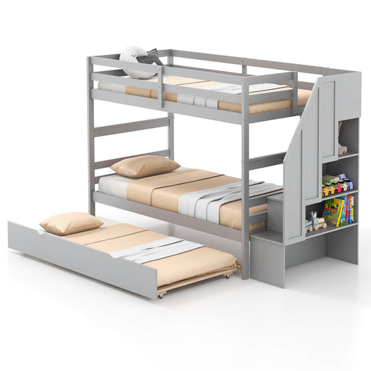 Infans Twin over Twin Wooden Bunk Bed w/ Trundle Storage Stairs Convertible Gray