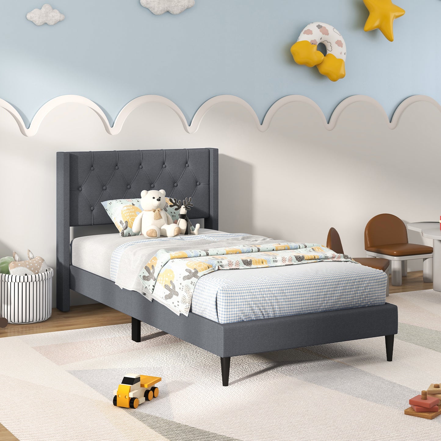 Infans Twin Size Upholstered Platform Bed with Button Tufted Wingback Headboard Grey