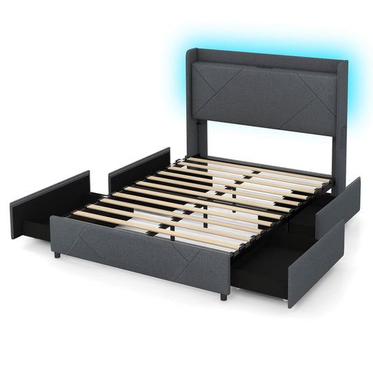 Infans Full Size Bed Frame w/LED Lights Charging Station 2 Storage Pockets & 4 Drawers